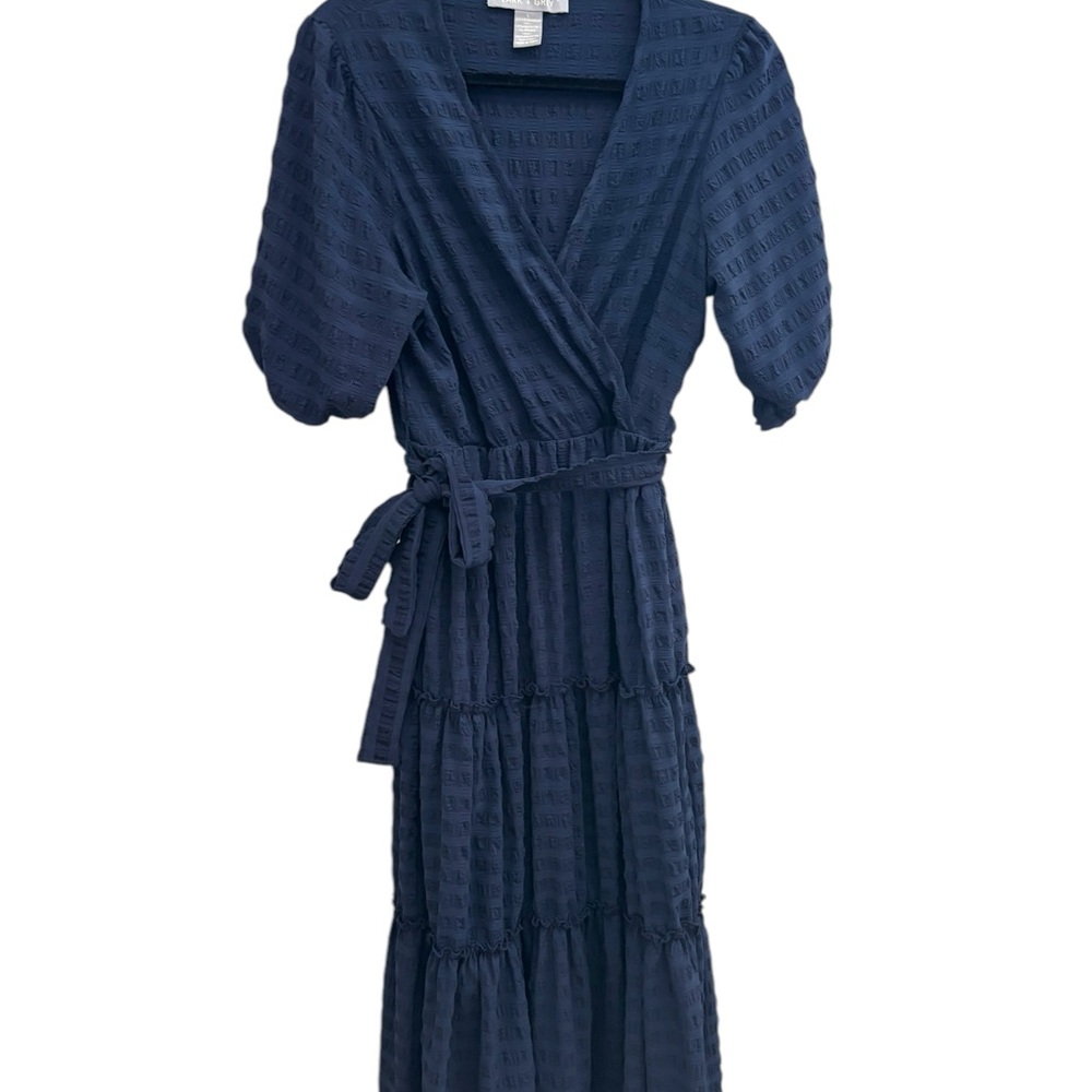 Lark + Grey L navy wrap puff sleeve cottagecore modest elegant midi dress